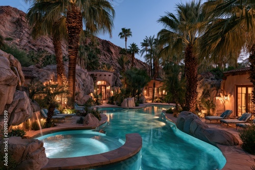 Luxury resort pool glowing at twilight among palm trees and desert rocks with cinematic lighting for luxury travel and hospitality marketing