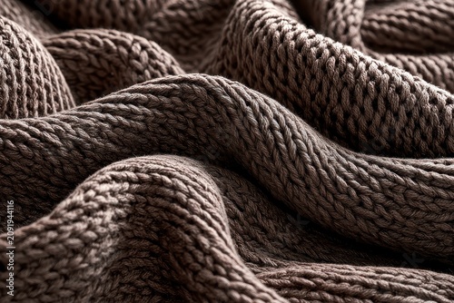 Brown knit wool fabric folds with dramatic shadows and macro sharp focus for luxury textile branding and home decor marketing
