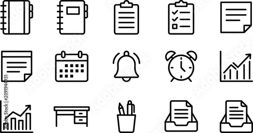 Set of fifteen office and business productivity line art icons.