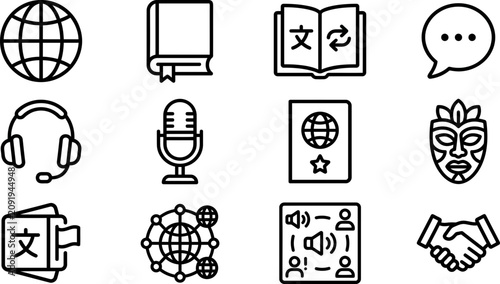 Tableau sur toile Set of line icons representing language translation and global communication services