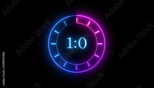 Neon Timer Countdown Clock 1:0, Digital Display, Futuristic Sci-Fi Background