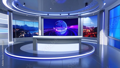 Modern News Studio with Large Screens and Futuristic Desk, Blue and Purple Lighting