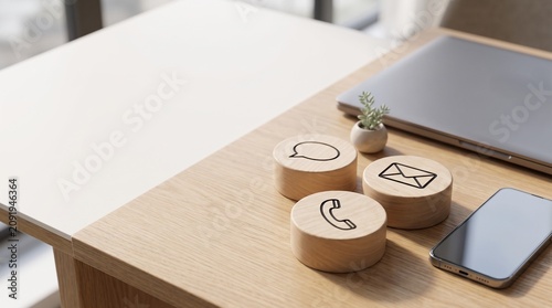 Wooden communication icons representing customer support channels arranged on an office desk surface next to a modern laptop with arranged neatly clean workspace desk
