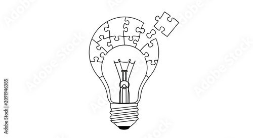 Creative light bulb illustration assembled from puzzle pieces symbolizing ideas, innovation, and collaboration across design concepts.