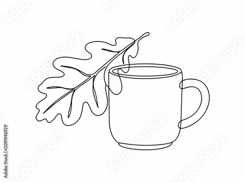 Continuous Line Art Oak Leaf Overlapping Ceramic Coffee Mug Cozy Autumn Concept