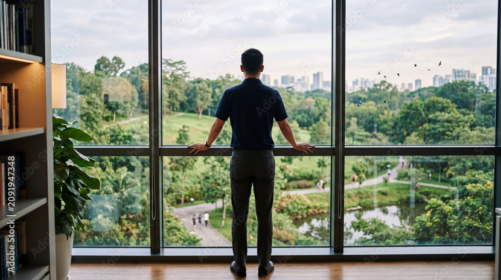 Fototapeta premium Deep Breath at the Window: A young Chinese man standing at a floor-to-ceiling office window, back to camera, hands on the frame, facing a green space outside, taking a deep breath, shoulders slightly