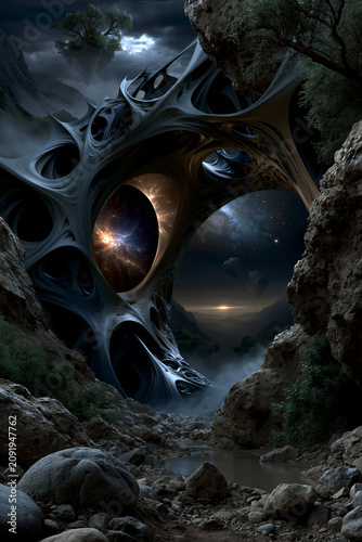 surreal organic portal landscape, dreamlike gateway to another dimension, ethereal fantasy world entrance