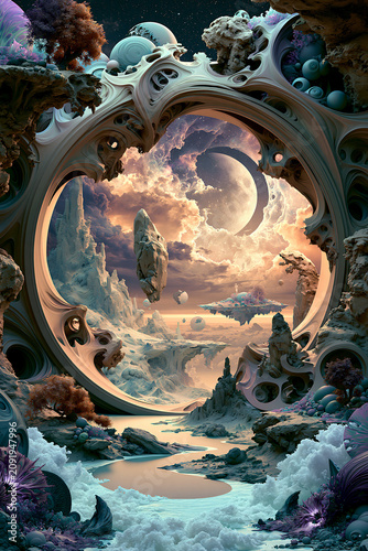 surreal organic portal landscape, dreamlike gateway to another dimension, ethereal fantasy world entrance