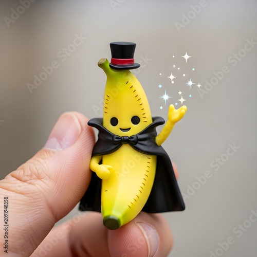 Playful cartoon banana figure in formal attire with sparkling magic effect held by a hand with surrounded glowing sparkles against soft bokeh background