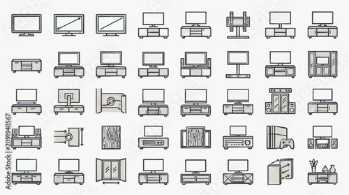 Slika na platnu Corporate Flat Style Icons Set of Modern TVs Furniture and Home Entertainment Sy