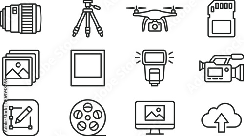 Canvastavla Set of twelve black and white photography and videography icons.
