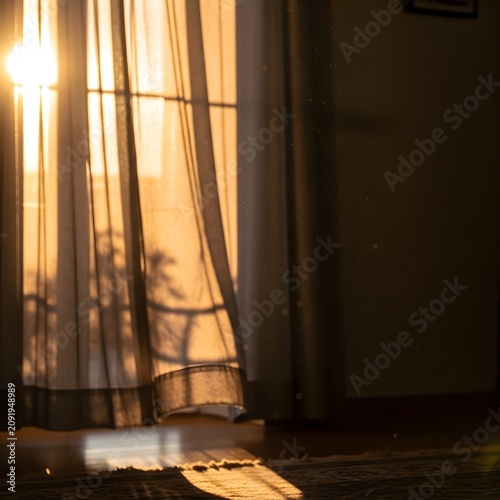 Golden hour sunlight streaming through large paned window with soft glow with casting soft light across partially visible curtain with filtering through multi