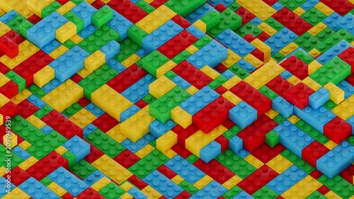 Colorful interlocking plastic blocks bricks toy forming a geometric pattern. 3d CGI loop animation view
