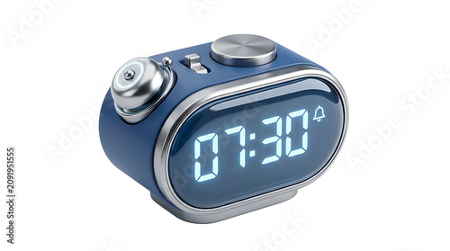 Modern Digital Alarm Clock with Blue Case and Silver Accents, Isolated