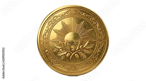 Golden Coin with Ornate Emblem and Sunburst Detail, Isolated on White Background