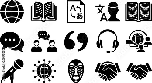 Canvas Print Set of black flat vector icons representing communication and global language services