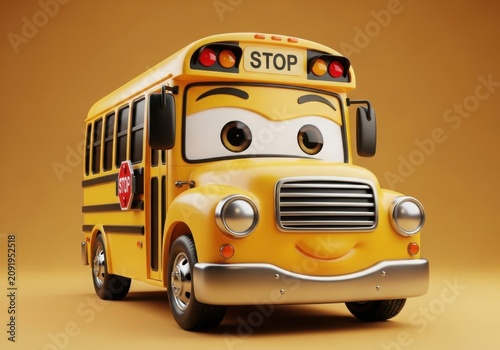 Cute cartoon school bus with a friendly face isolated on white background