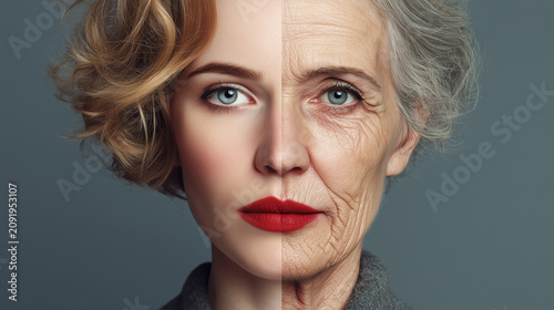Face split showing young and old woman demonstrating aging process with clear details