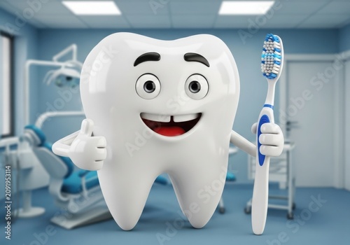 Smiling cartoon tooth holding a toothbrush isolated on white background isolated on transparent background