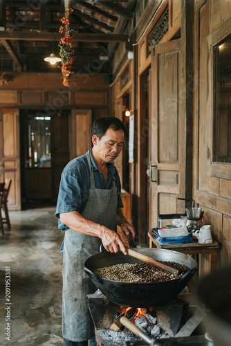 Small family owned coffee shop owner roasting coffee beans traditionally over fire
