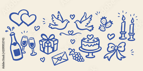 Konstfotografi Wedding Love Icons Set Naive Doodle Vector Illustration