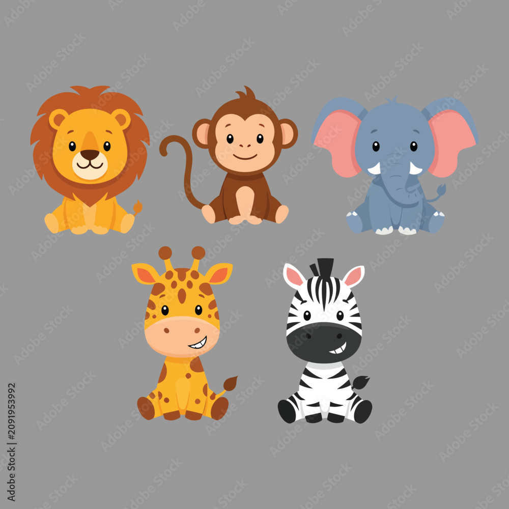 Fototapeta premium Sitting baby wild animals including lion and zebra