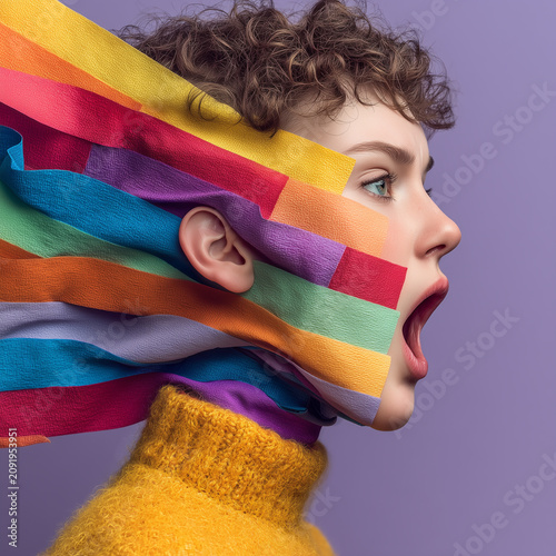 Woman with colorful ribbons coming from her face during a creative studio session in a bright workspace at midday