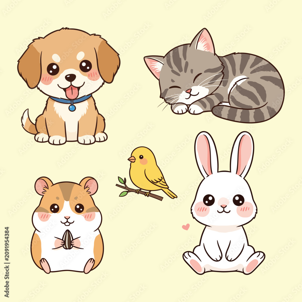 Fototapeta premium Cute domestic pets including puppy kitten and rabbit