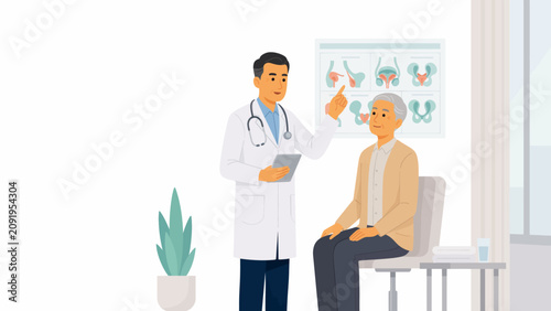 Doctor explaining medical treatment to an elderly male patient in a clinic office setting with anatomical charts on the wall for patient education