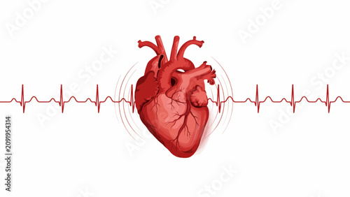 Anatomical human heart illustration with ekg pulse waveform line on white background for medical healthcare concepts with illustration centered rhythmic