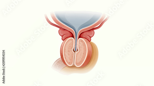 Anatomical cross section of the human male prostate gland and urinary system showing internal structures in a detailed medical educational vector illustration