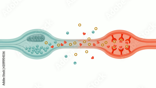 Synaptic transmission process diagram showing neurotransmitter release and receptor binding in a neuronal junction for medical with transmission neurotransmitters moving