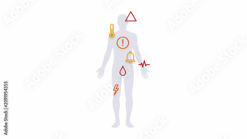 Human body silhouette with medical warning icons representing health symptoms and risk factors for clinical diagnostics with silhouette overlaid