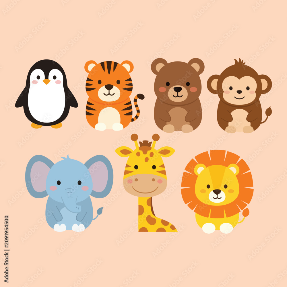 Fototapeta premium Collection of cute wild and zoo baby animals