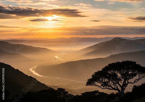 Golden hour serenity misty valley winding river and silhouetted trees at dawn with captures breathtaking golden rolling hills silhouetted landscape where winding