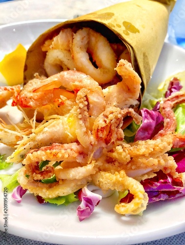 Fried mixed seafood Italian authentic food.