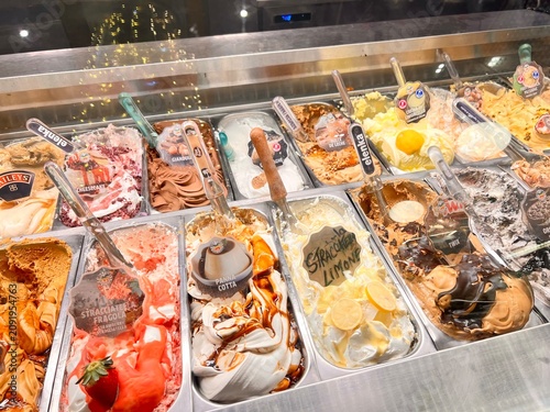 Authentic Italian gelato, ice cream shop natural delicious sweet, real Italian food.