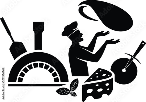 Foto Pizza chef silhouette making pizza dough icon set with oven cheese and cutter si