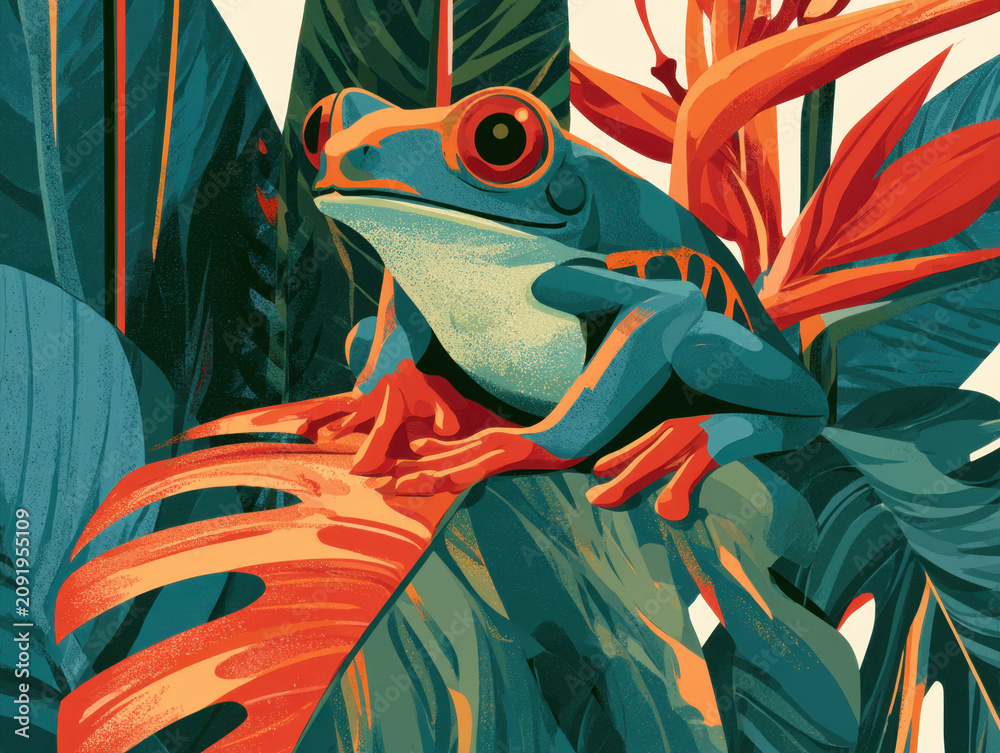 Naklejka premium vibrant vector style illustration of a blue red eyed tree frog perched on large tropical green monstera leaves and orange exotic flowers beautiful wildlife rainforest nature graphic design print