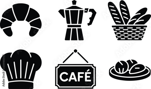 Fotografía Collection of bakery and coffee shop icons featuring croissant moka pot bread ba