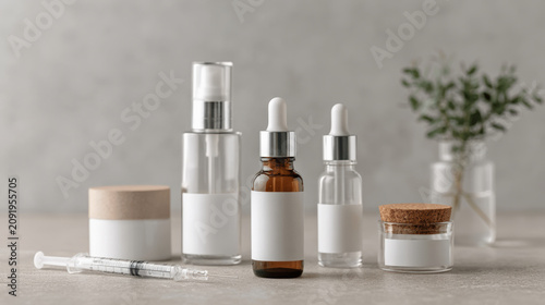 Cosmetic bottle skincare serum dropper syringe clean clinical Minimal skincare bottle set with serum dropper and syringe