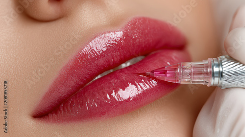 Lip cosmetic tattoo needle close up mouth permanent makeup lip pigment application with cosmetic tattoo needle glossy lip