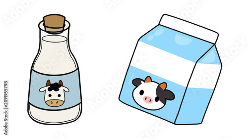 Fotografie Milk in a glass bottle and a paper carton box with beverage packaging nutrition