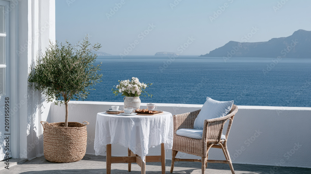 Fototapeta premium Seaside terrace ocean view white terrace wicker chair breakfast table potted olive tree serene summer escape