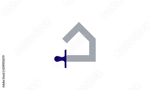 Foto Minimalist gray house and blue key logo design, abstract geometric real estate p