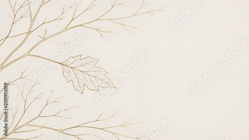 Elegant Minimal White Autumn Botanical Background With Golden Leaf Outline