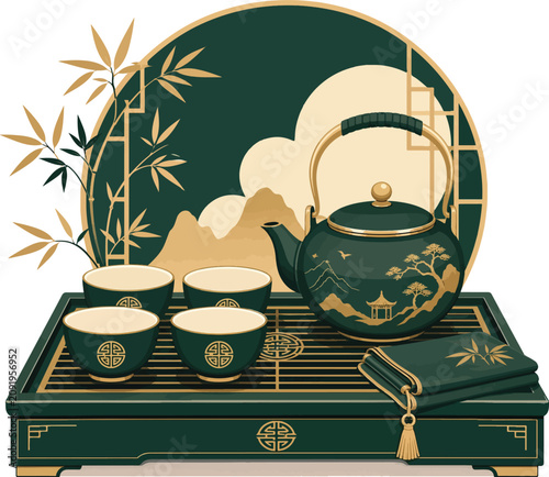 Traditional Asian Tea Set with Teapot and Cups Vector Illustration