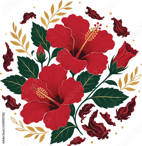 Hibiscus Flower and Dried Calyx Botanical Vector Illustration