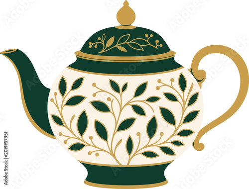 Vintage Porcelain Teapot with Floral Botanical Pattern Vector Illustration