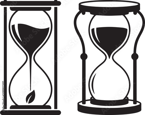 Hourglass with Leaf and Traditional Sand Timer Set Vector Illustration